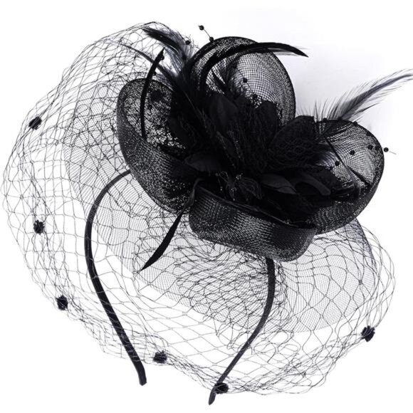 Women's Fascinators Hats with Veil Headwear Black - Picture 2 of 7